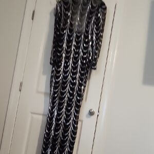 Silver and Black Long Sleeve Cowl Neck Gown for Cocktail
